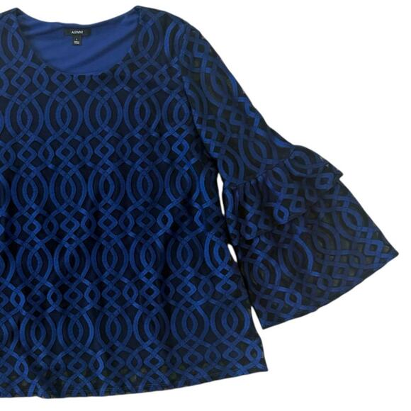 Alfani Pullover Round Neck Blouse Tiered Bell Sleeves Top Navy Blue Size Large - Picture 5 of 11